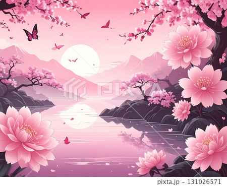 ピンクの花びらが舞う水辺と幻想的な桃源郷の風景 131026571