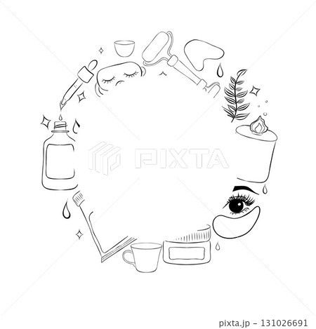 Cosmetics skin care candle patches serum cream mask round circle frame line Vector illustration. Cosmetics skin care candle patches serum cream mask round circle frame line Vector illustration. 131026691