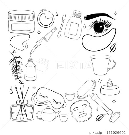 skincare routine tools frame. Vector line frame with hand drawn illustrations of aroma diffuser, serum, sleeping mask, candle, eye patch, mug, cream and other cosmetics. 131026692
