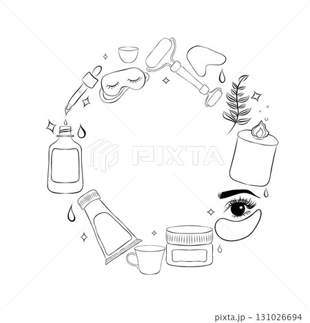 Sketchy vector set of Nail Salon cartoon doodle objects, symbols and items. Round frame composition 131026694