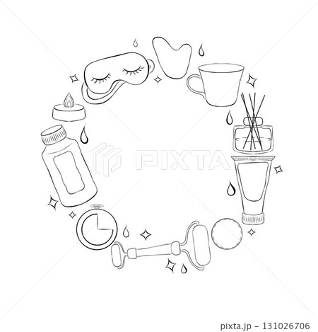 Handmade lavender cosmetics, jars, candles, aroma, soap, salts, decorations, bows, flowers, storage baskets. Hand drawn illustration with graphic line art in black and white ink. Round frame wreath Handmade lavender cosmetics, jars, candles, aroma, soap, salts, decorations, bows, flowers, storage baskets. Hand drawn illustration with graphic line art in black and white ink. Round frame wreath 131026706