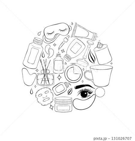 Beauty and cosmetics thin outline icons in circle design for female, accessories for care illustration 131026707
