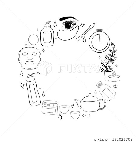 Hand drawn frame with Beauty products. CosmeticVector background. Actual fashion illustration. Original doodle style drawing. Creative ink art work 131026708
