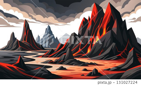 This high resolution image captures the dramatic textures and stark contrasts of a volcanic landscape, with its dark volcanic rock formations set against a bright white sky, producing a sophisticated 131027224
