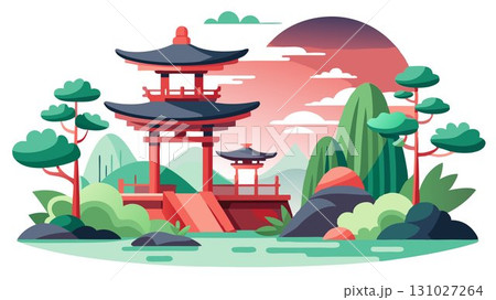 This high resolution image captures the serene beauty and meticulous design of a Japanese garden, its carefully arranged elements beautifully contrasted against a minimalist white background, produci 131027264