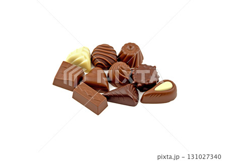 A pile of assorted chocolates with a white background A pile of assorted chocolates with a white background 131027340