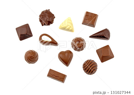 A close up of a variety of chocolates, including hearts and squares A close up of a variety of chocolates, including hearts and squares 131027344