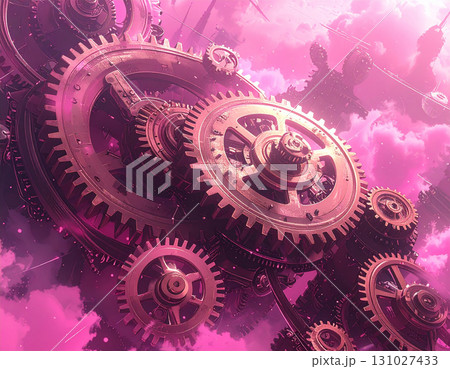 紫色の幻想的な空に浮かぶ絡み合う巨大なレトロ歯車の世界 紫色の幻想的な空に浮かぶ絡み合う巨大なレトロ歯車の世界 131027433