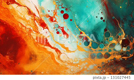 Abstract artistic background with teal and red marble with golden paint stains. Generated AI. 131027445
