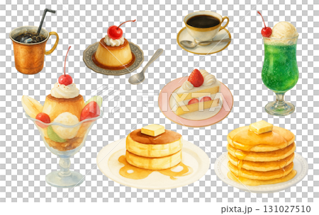 純咖啡店甜點和飲料套裝 | 布丁、煎餅、奶油蘇打水和脆餅的水彩插圖 131027510