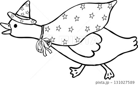 Halloween Silly Goose Witch Running Cartoon Hand Drawn Outline doodle 131027589