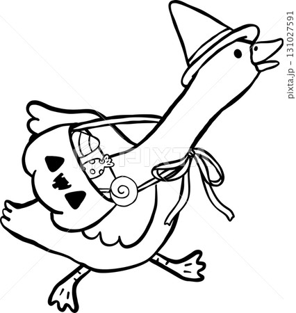 Halloween Silly Goose Witch with Pumpkin Basket Cartoon Hand Drawn Outline doodle 131027591