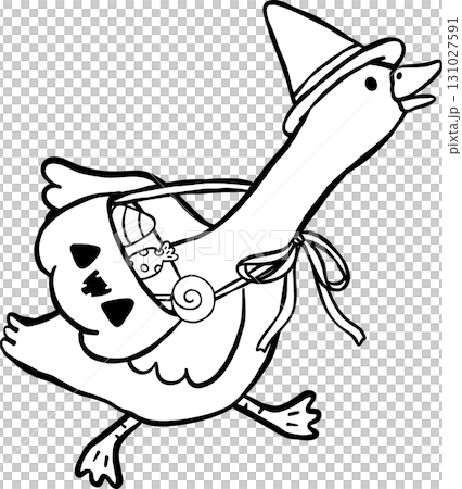 Halloween Silly Goose Witch with Pumpkin Basket Cartoon Hand Drawn Outline doodle 131027591