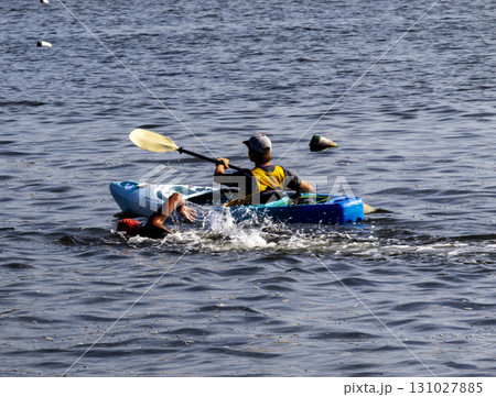 Kayaker Paddling Alongside Swimmer in the Calm Waters of The Great South Bay off  the Coast of Long Island 131027885