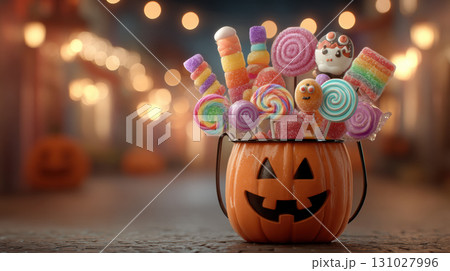Festive Halloween pumpkin bucket filled with colorful lollipops and candies, set against blurred street with glowing lights 131027996