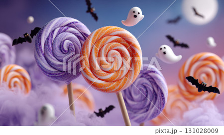 Colorful lollipops with swirling patterns float among playful ghosts and bats in whimsical Halloween scene 131028009