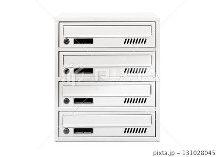 Mail boxes filled of leaflets and letters. Shallow DOF,Mailboxes and Lock in Rows at Entrance 131028045