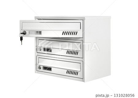 Mail boxes filled of leaflets and letters. Shallow DOF,Mailboxes and Lock in Rows at Entrance 131028056