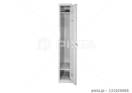 White lockers with silver numbers in bright interior. Change room metal box row White lockers with silver numbers in bright interior. Change room metal box row 131028068