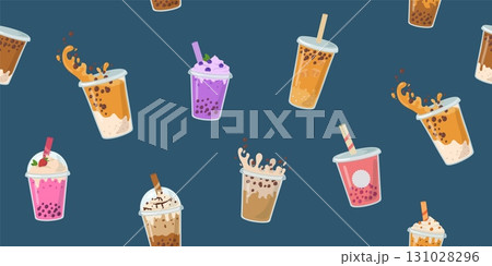 Bubble milk tea seamless pattern. Boba tea with tapioca balls background. Asian cold drink cartoon vector illustration 131028296