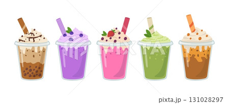 Tasty colorful ice cream vector illustration. Ice-cream with berry, chocolate, caramel, matcha isolated on white background Tasty colorful ice cream vector illustration. Ice-cream with berry, chocolate, caramel, matcha isolated on white background 131028297