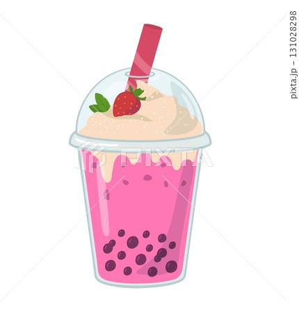 Bubble milk tea with strawberry and tapioca pearls on white background. Ymmy milkshake with berry vector illustration Bubble milk tea with strawberry and tapioca pearls on white background. Ymmy milkshake with berry vector illustration 131028298