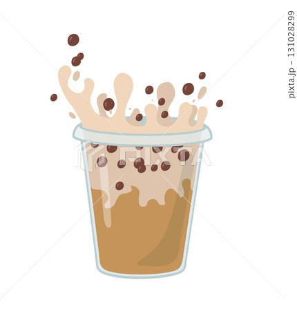Bubble milk tea with coffee and tapioca pearls. Milkshake with splash vector illustration. Frape cold drink Bubble milk tea with coffee and tapioca pearls. Milkshake with splash vector illustration. Frape cold drink 131028299
