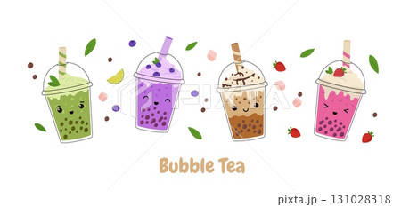 Kawaii bubble milk tea with tapioca pearls set. Asian Taiwanese beverage. Cartoon vector illustration. Kawaii bubble milk tea with tapioca pearls set. Asian Taiwanese beverage. Cartoon vector illustration. 131028318
