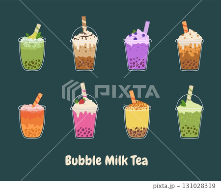 Bubble milk tea with tapioca pearls set. Asian Taiwanese drink. Cartoon vector illustration. 131028319