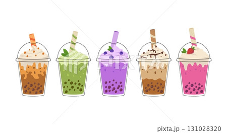 Set of bubble milk tea with tapioca pearls. Asian Taiwanese beverage. Cold matcha drink in takeaway plastic cup. Cartoon vector illustration. 131028320