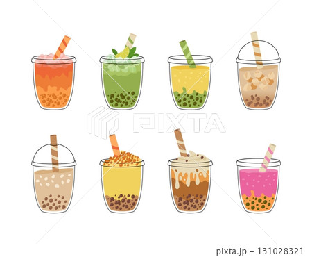 Set of bubble tea with tapioca pearls. Asian Taiwanese drink. Boba milk tea. Cold coffee in takeaway cup. Cartoon vector illustration. 131028321