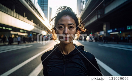 夕焼けに、女性がトレーニングする、美容と健康の為、マラソンで汗を流す 131029092