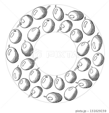 Olive berry circle round frame template. Vector graphic line ink black and white illustration. Italian food. Olives wreath for Mediterranean diet. for invitation, label, advertisement, packaging. Olive berry circle round frame template. Vector graphic line ink black and white illustration. Italian food. Olives wreath for Mediterranean diet. for invitation, label, advertisement, packaging. 131029159