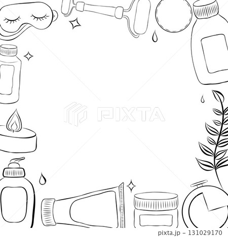 Korean cosmetics. K-beauty monochrome banner with hand draw doodle background. Vector illustration Korean cosmetics. K-beauty monochrome banner with hand draw doodle background. Vector illustration 131029170