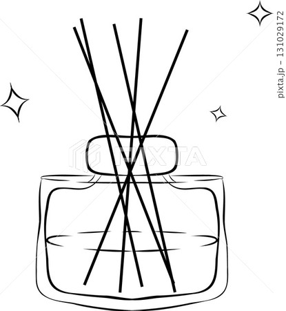 Aroma diffuser with sticks hand drawn doodle. Glass bottle with perfume. Interior design decorations. Vector outline line art illustration. 131029172