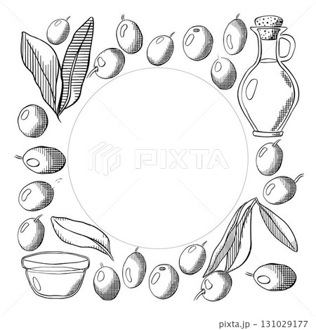 Olive oil, green berry and leaves square circle round frame template. Vector graphic line ink black and white illustration. Banner, poster, wrapping paper, sticker, print, modern textile design. 131029177