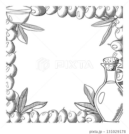 Sketch frame of olive branch with berries and leaves. Olive oil, green berry and leaves square frame template. Vector graphic line ink black and white illustration. for cards, design logo, tattoo 131029178