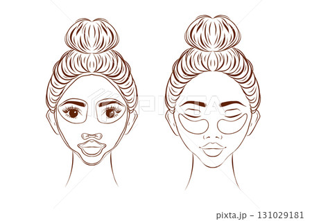 Face masks, beauty treatment thin line icons set vector illustration. Outline female characters apply clay or cream mask with brushes, circles of patch applications and cucumber for eyes and skincare 131029181