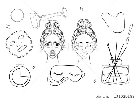 A set of elements in the sketch style. Beauty routine, skin care. Mask, aroma diffuser, jade massage roller, silk sleep mask. Glow gang inscription. Vector illustration, fashion 131029188