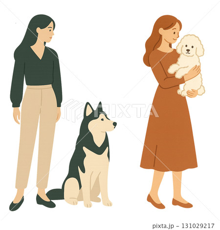 犬　シベリアンハスキー　プードル　女性　暮らし　散歩　イラスト 131029217