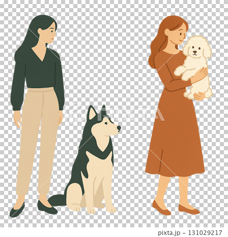 犬　シベリアンハスキー　プードル　女性　暮らし　散歩　イラスト 131029217