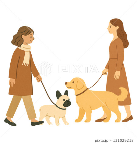 犬　フレンチブルドッグ　ゴールデンレトリバー　女性　散歩　暮らし　イラスト 131029218