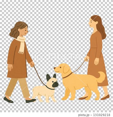 犬　フレンチブルドッグ　ゴールデンレトリバー　女性　散歩　暮らし　イラスト 131029218