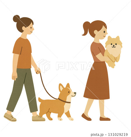 犬　コーギー　ポメラニアン　女性　暮らし　散歩　イラスト 131029219