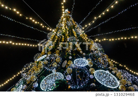 Decorated Christmas tree with multi-colored lights at night Decorated Christmas tree with multi-colored lights at night 131029468