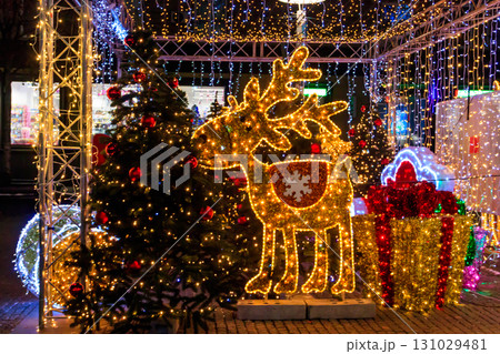 Illuminated Christmas deer at night. Decoration for Christmas and New Years holidays in a city park 131029481
