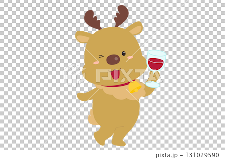 一隻可愛的馴鹿角色拿著酒杯的插圖 131029590