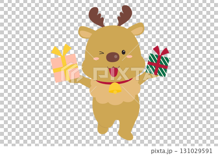 Illustration of a cute reindeer character holding a Christmas gift Illustration of a cute reindeer character holding a Christmas gift 131029591