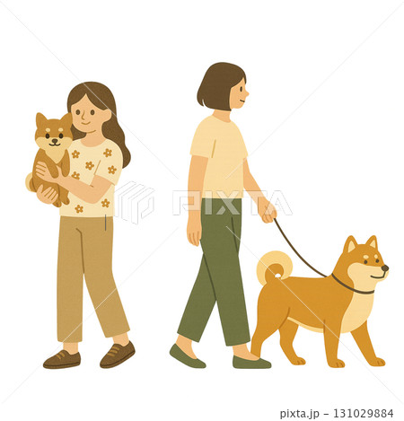 犬　豆柴・柴犬　女性　暮らし　散歩　切り抜き　イラスト 131029884