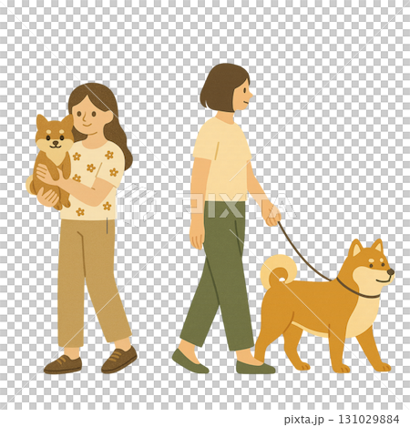 犬　豆柴・柴犬　女性　暮らし　散歩　切り抜き　イラスト 131029884